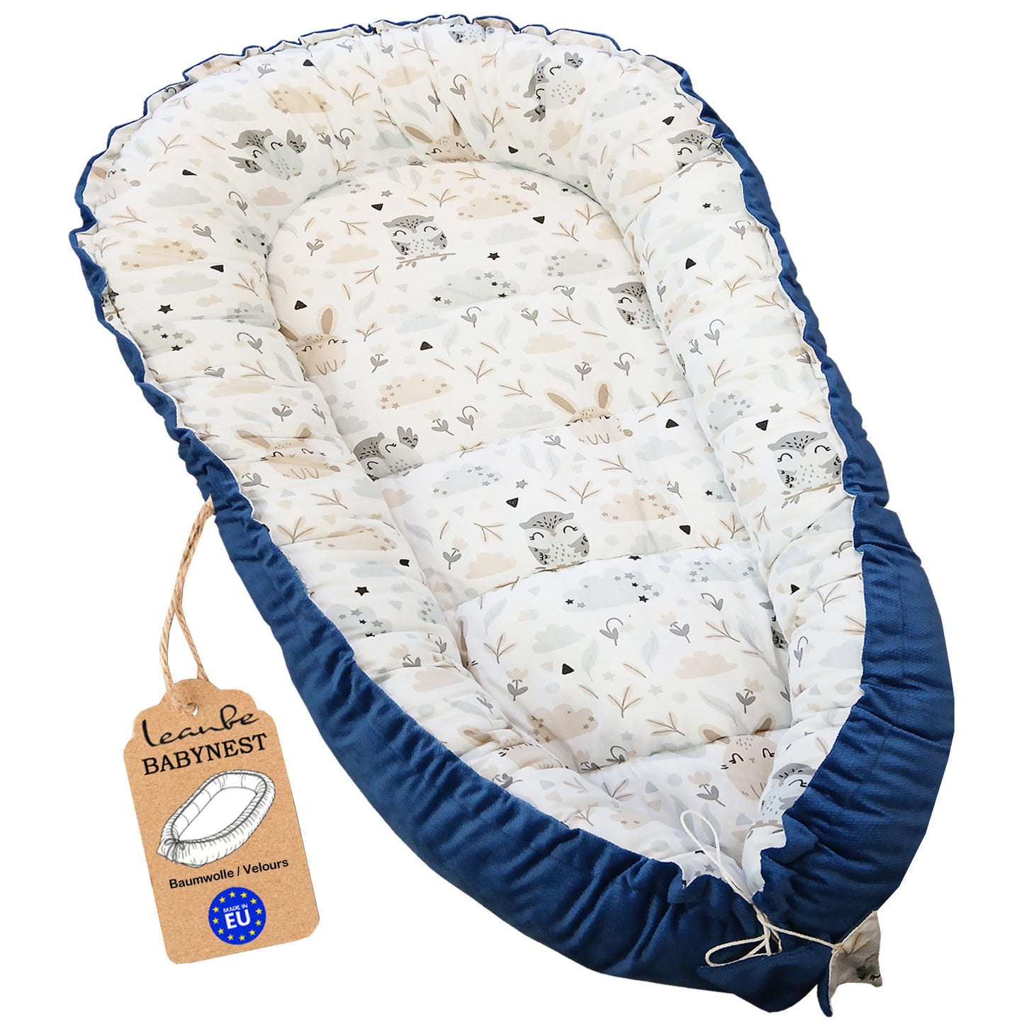 LEANBE Babynest Kokon aus Baumwolle & Velours - Blau
