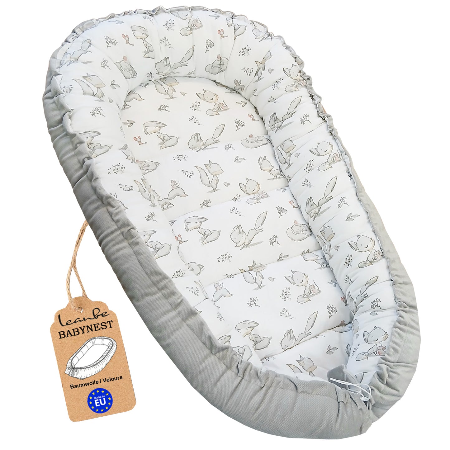 LEANBE Babynest Kokon aus Baumwolle & Velours - Grau