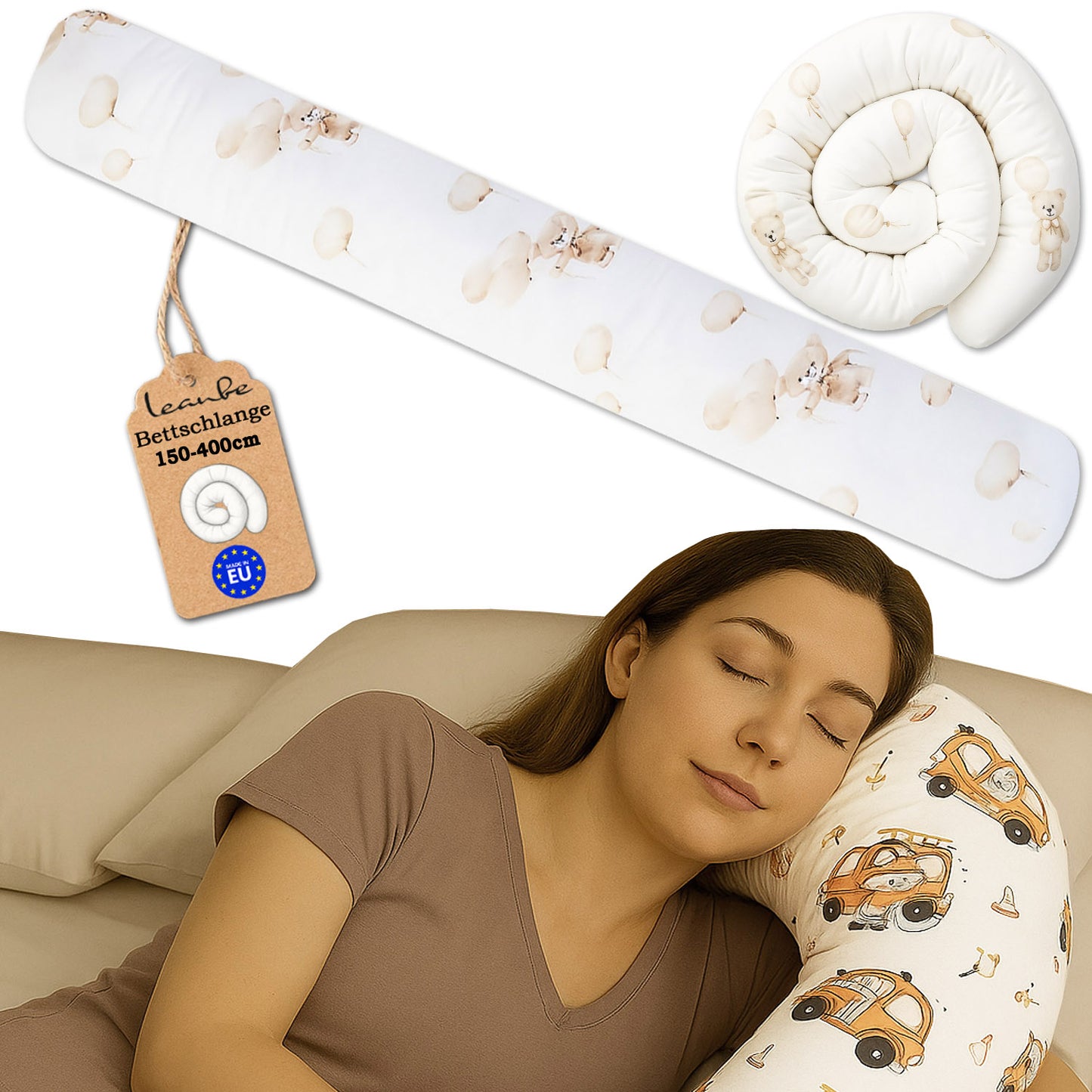 Bettschlange Stillkissen Seitenschläferkissen 150-400 cm Teddybar