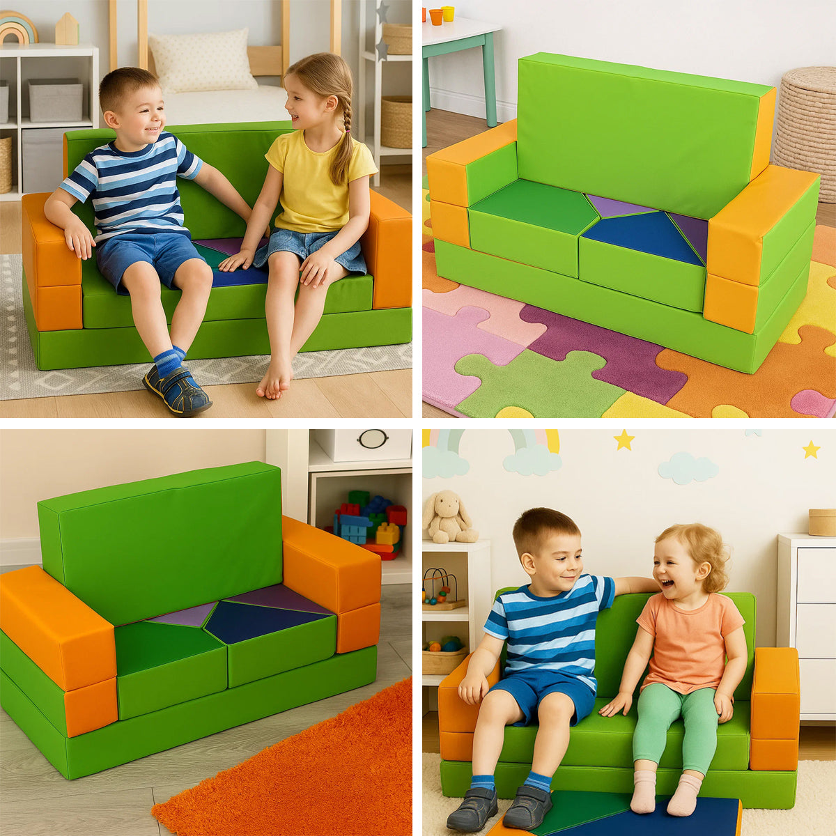 Kindersofa 4in1 Puzzle Spielsofa Orange-Grün
