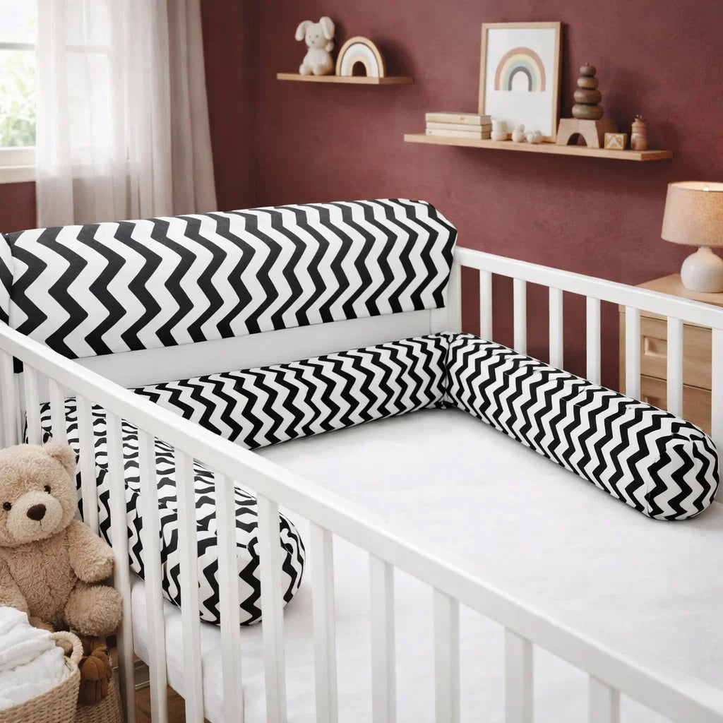 LEANBE Bettkantenschutz 70x20x14 cm + Bettschlange 150x15 cm – Schwarz-Weiß Chevron