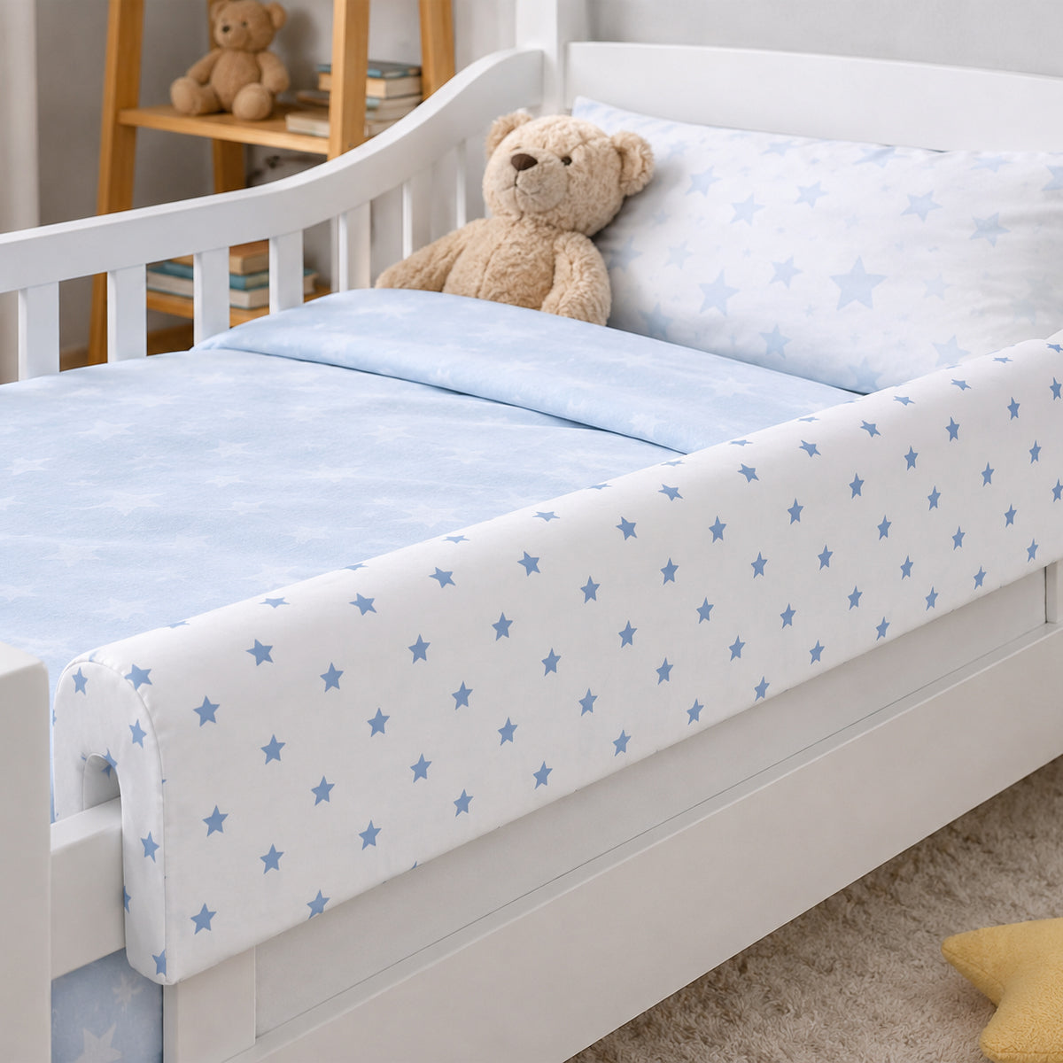 LEANBE Bettkantenschutz 70 cm für Betten -  Kissen für bettumrandung – Blaue Sterne Baumwolle
