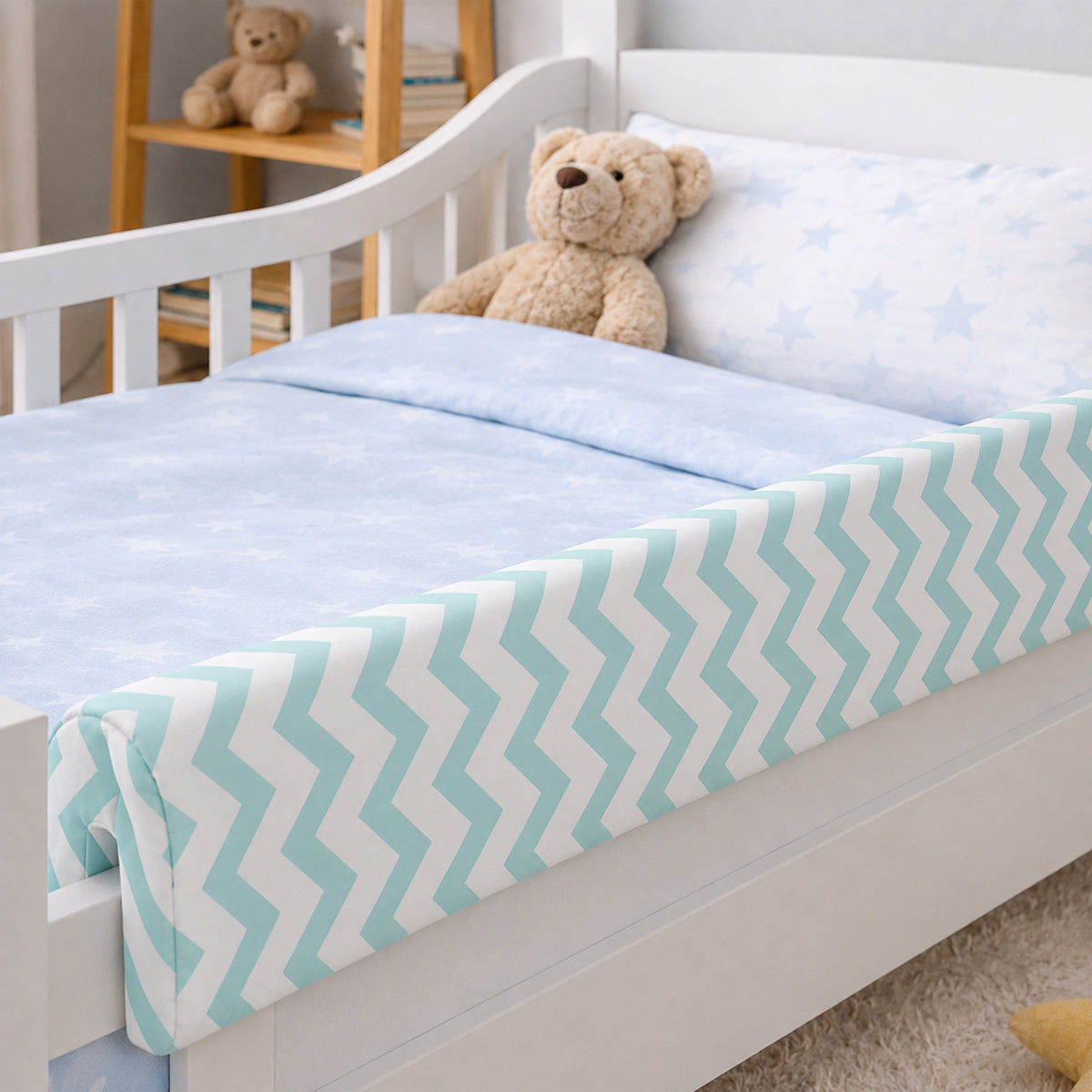 LEANBE Bettkantenschutz 70 cm für Betten -  Kissen für bettumrandung – Türkis Chevron