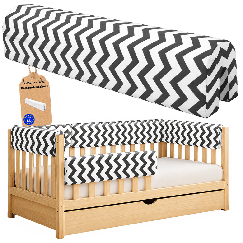 LEANBE Bettkantenschutz 70 cm für Betten -  Kissen für bettumrandung – Schwarz Chevron Baumwolle